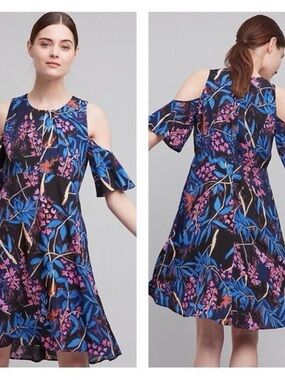 MaeveantrophologieBlack Cold-Shoulder Mini Dress with Blue and Pink Floral Print